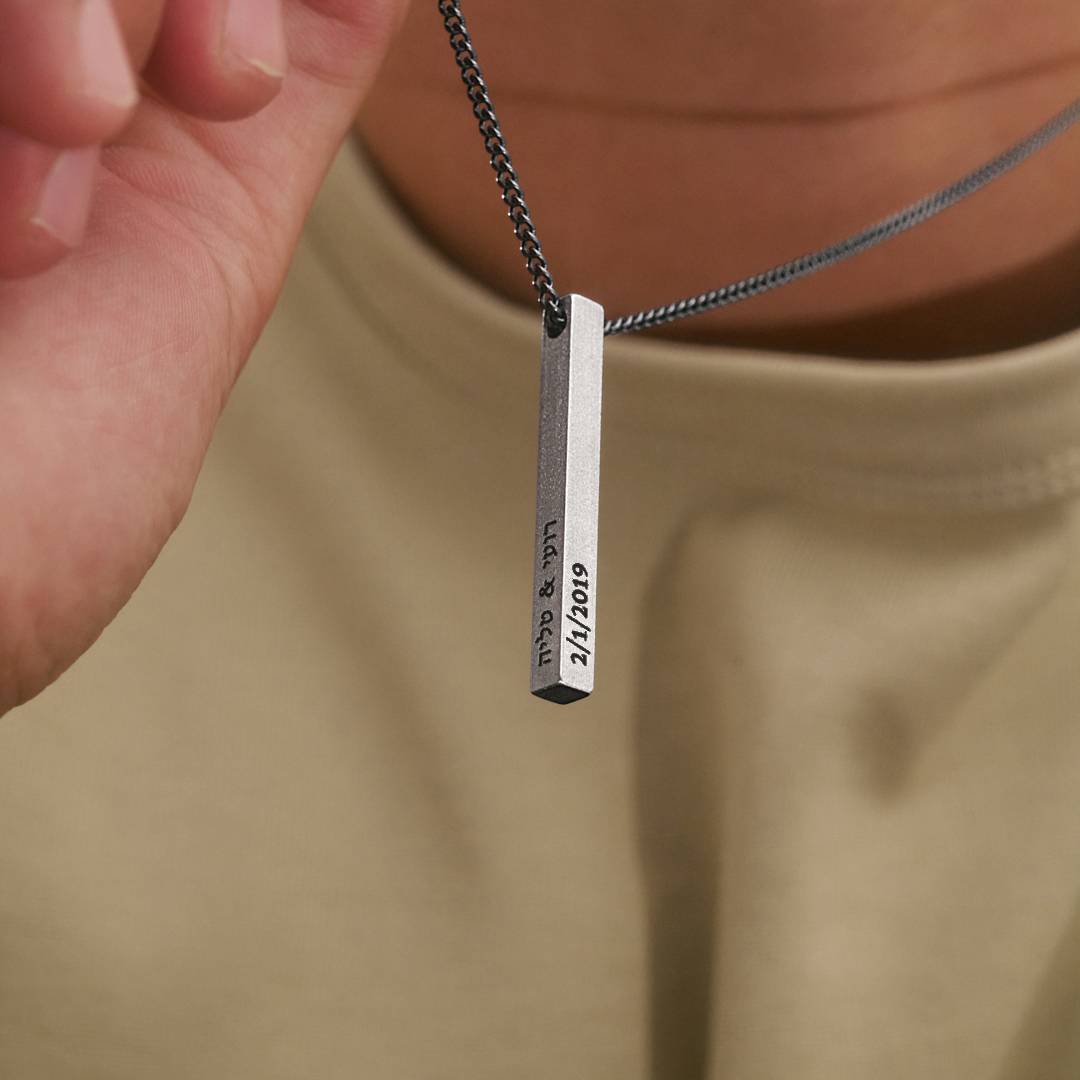 3D Bar Hebrew Necklace for Men in Matte 925 Sterling Silver