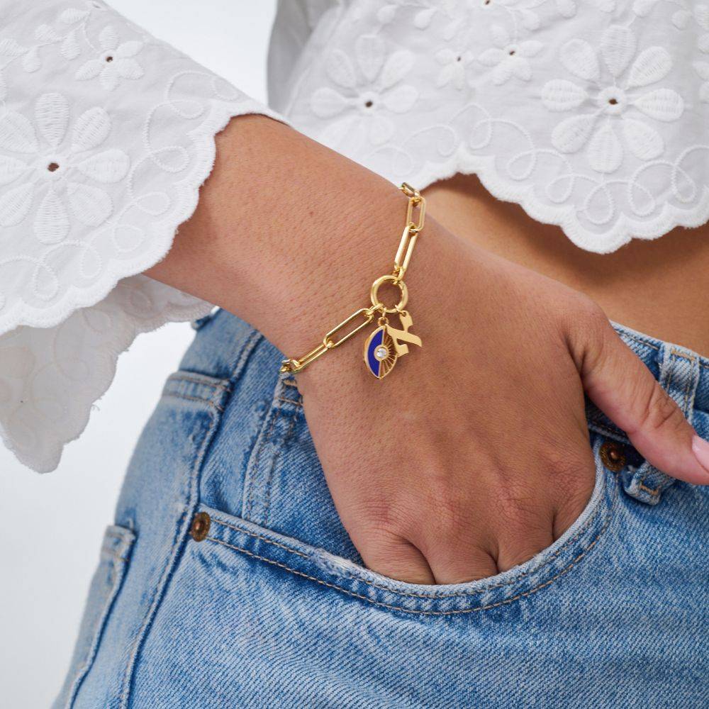 Diamond Evil Eye Link Bracelet with Initials in Gold Vermeil-1 Diamond Evil Eye Link Bracelet with Initials in Gold Vermeil-1 product photo
