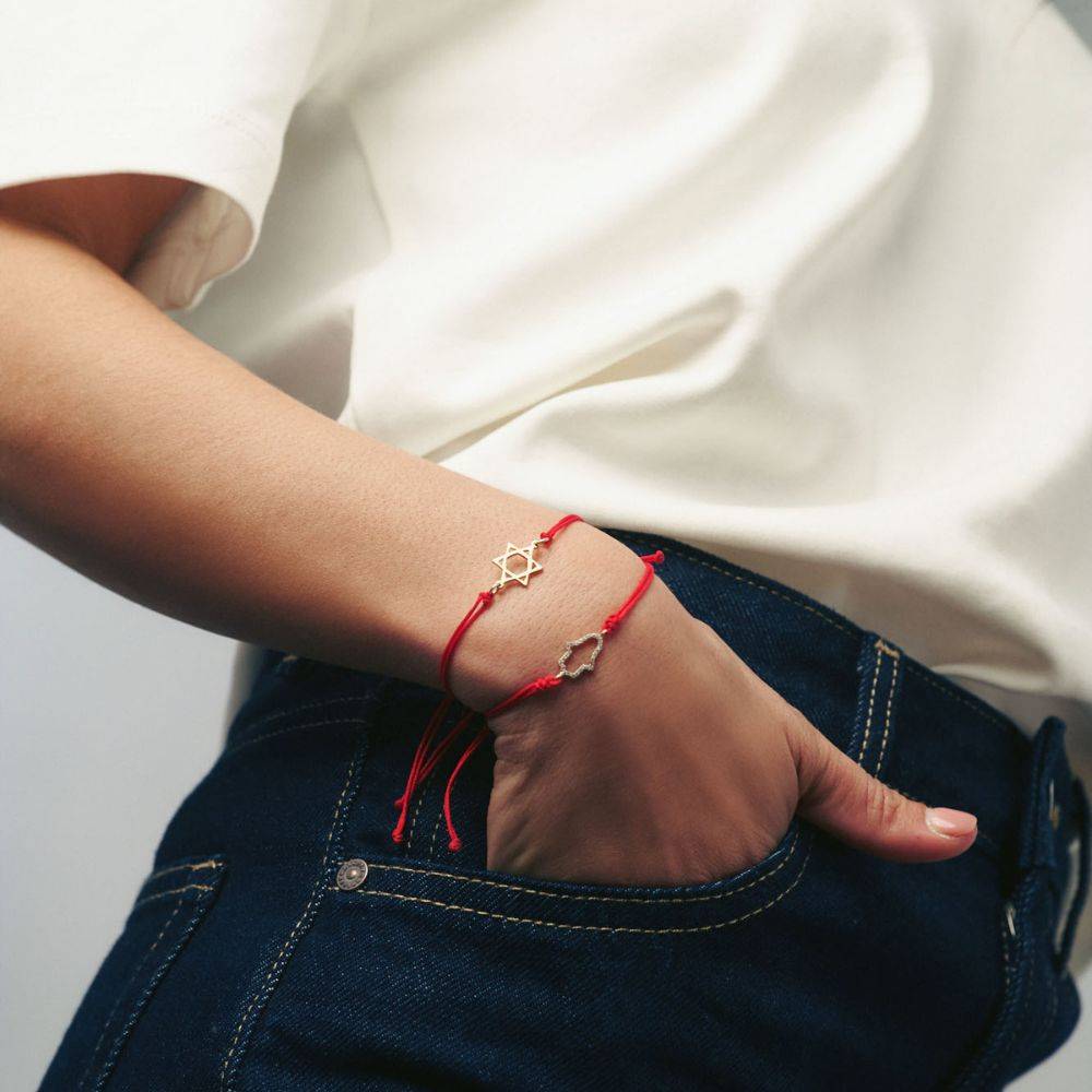 Diamonds Pave Hamsa Red String Bracelet in 10K Yellow Gold-3 product photo