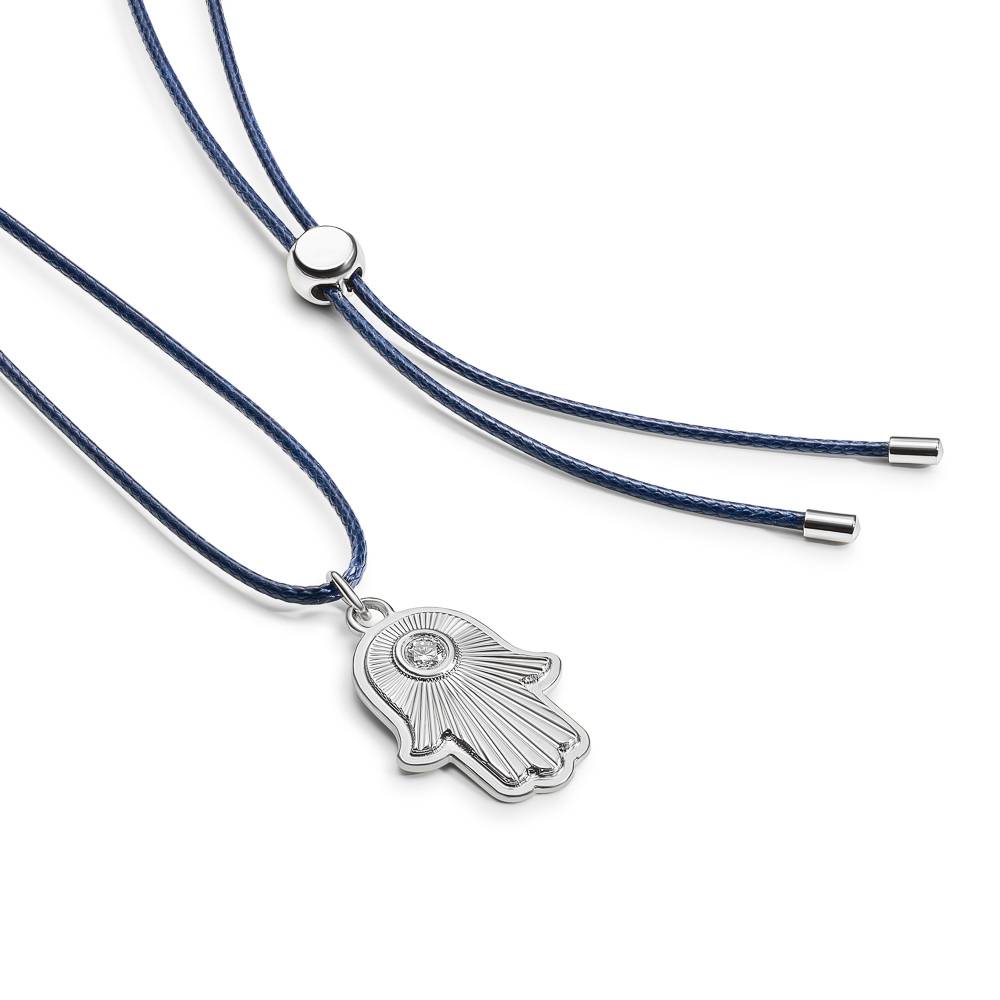 Hamsa Light Pendant with Custom Gemstone on Navy Cord In Silver-1 product photo