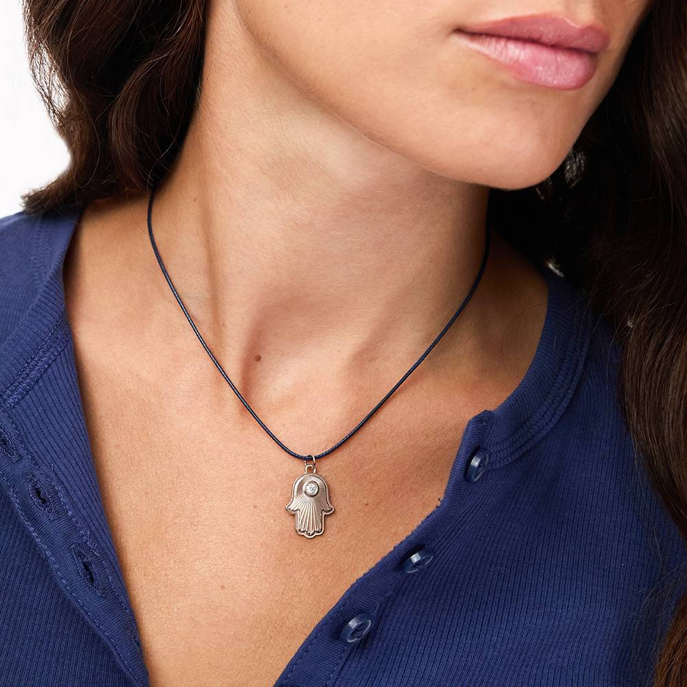 Hamsa Light Pendant with Custom Gemstone on Navy Cord In Silver-4 product photo