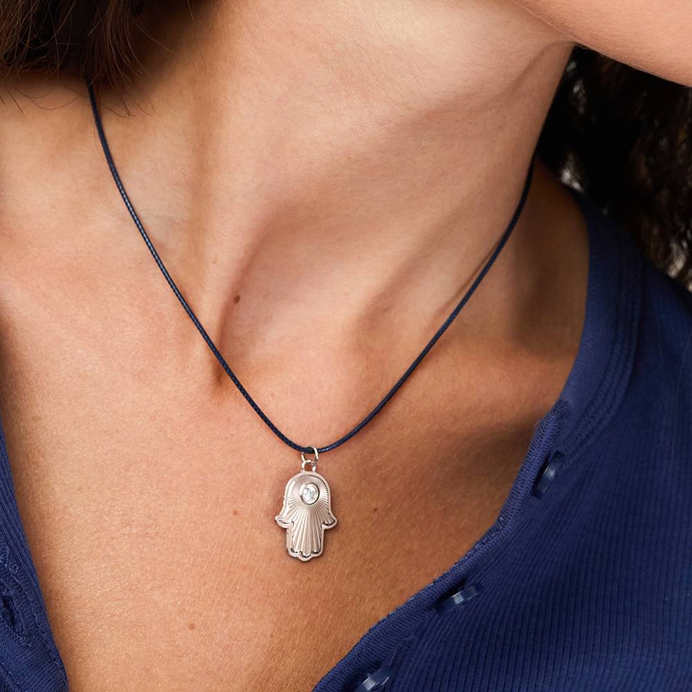 Hamsa Light Pendant with Custom Gemstone on Navy Cord In Silver-6 product photo