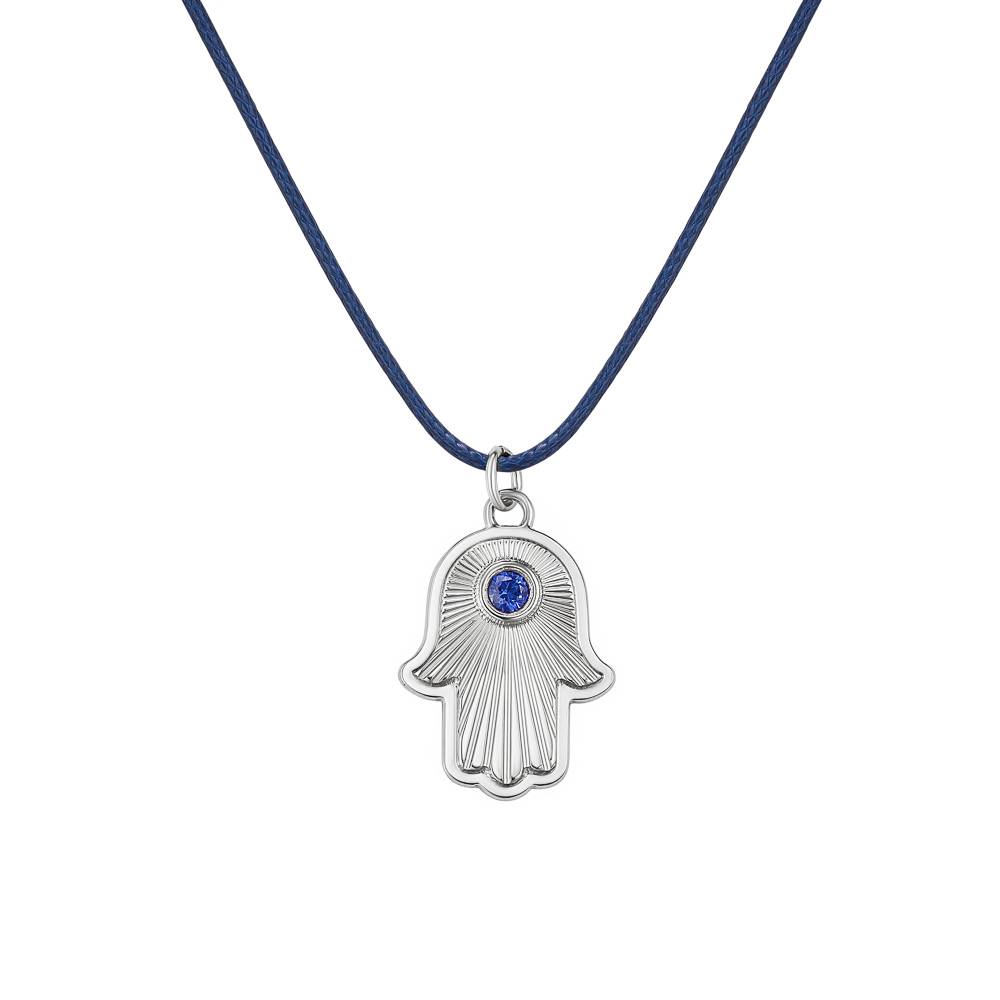 Hamsa Light Pendant with Custom Gemstone on Navy Cord In Silver-3 product photo