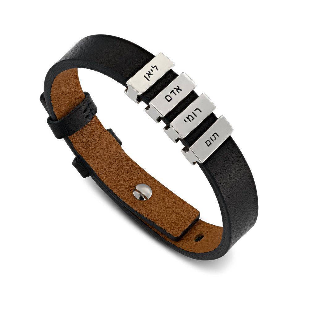 Hebrew Name Bricks Black Leather Bracelet-1 product photo