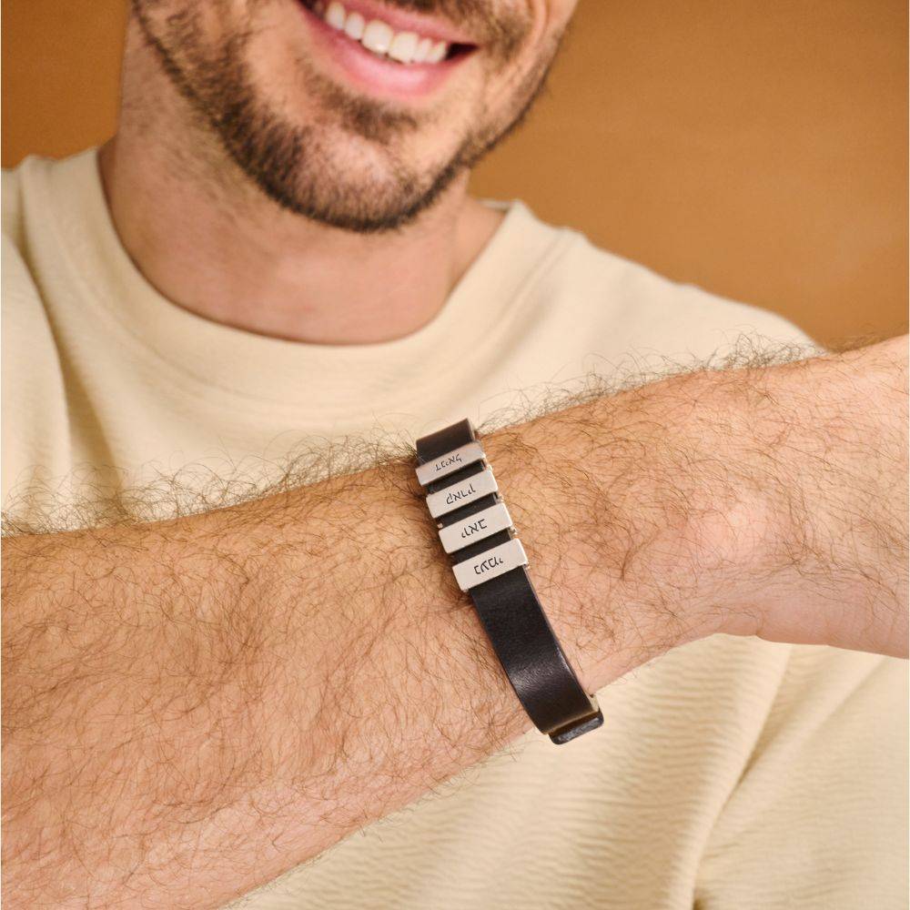 Hebrew Name Bricks Black Leather Bracelet-4 product photo