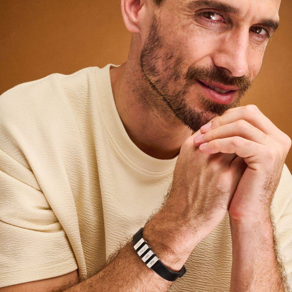 Hebrew Name Bricks Black Leather Bracelet-3 product photo
