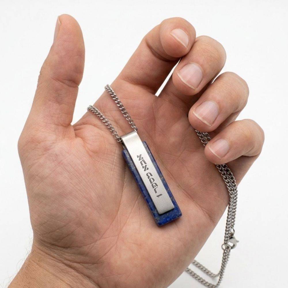 Lapis Hebrew Bar Necklace for Men-3 product photo