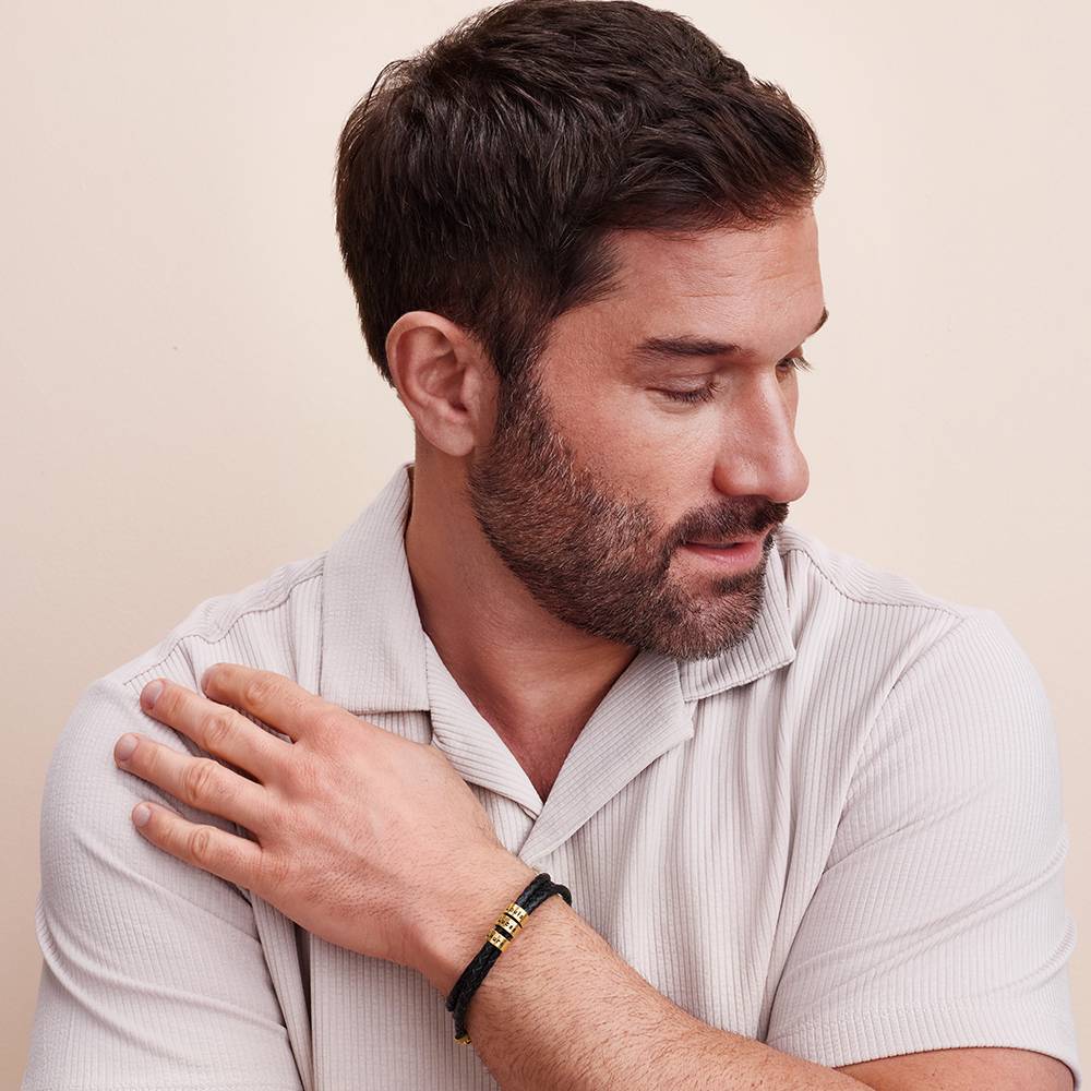Navigator Braided Leather Bracelet for Men with Custom Beads in 10K Solid Yellow Gold-2 product photo