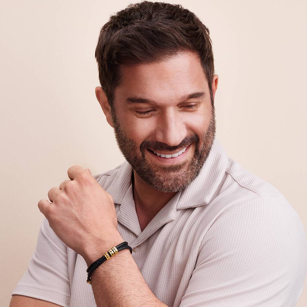 Navigator Braided Leather Bracelet for Men with Custom Beads in 10K Solid Yellow Gold-4 product photo