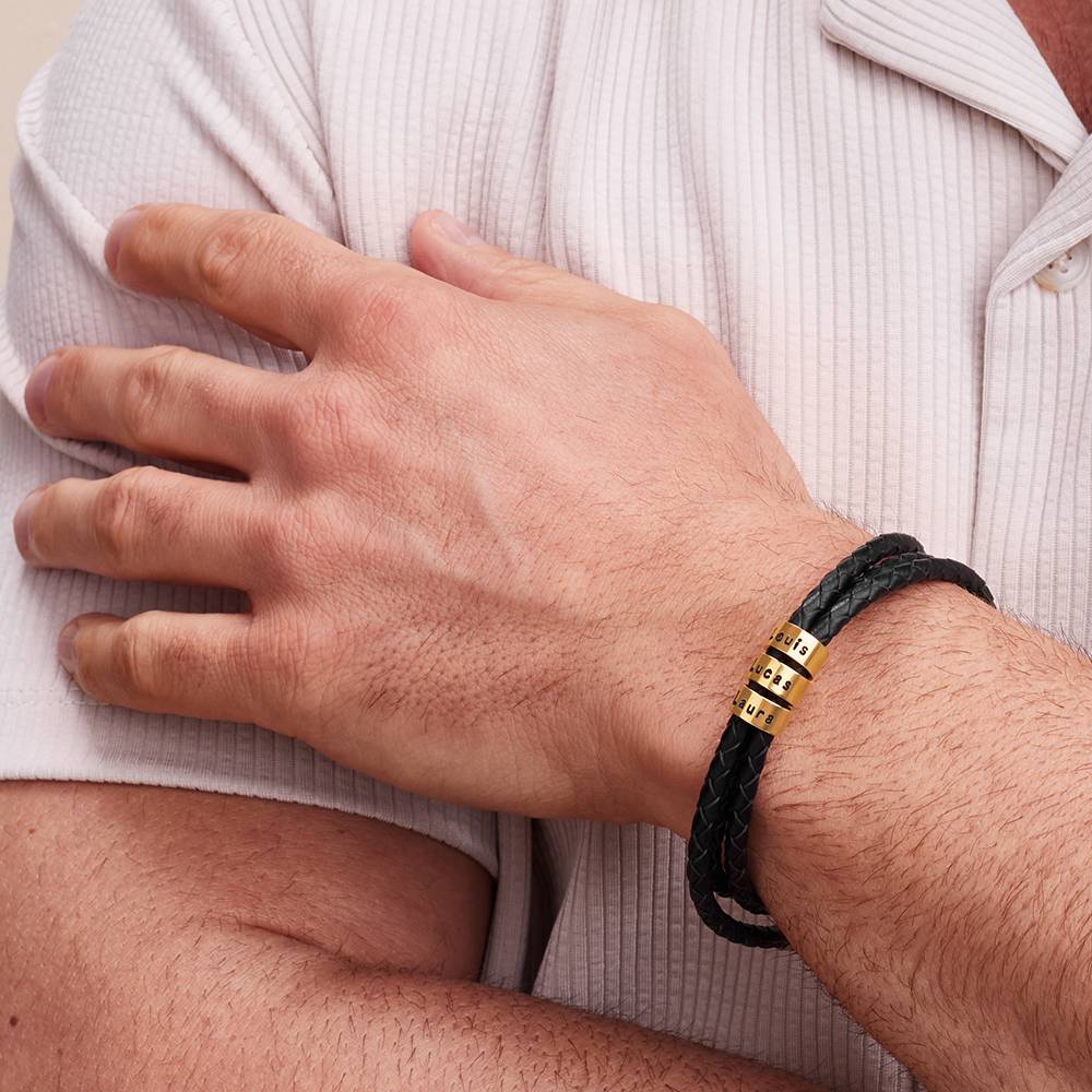 Navigator Braided Leather Bracelet for Men with Custom Beads in 10K Solid Yellow Gold-3 product photo