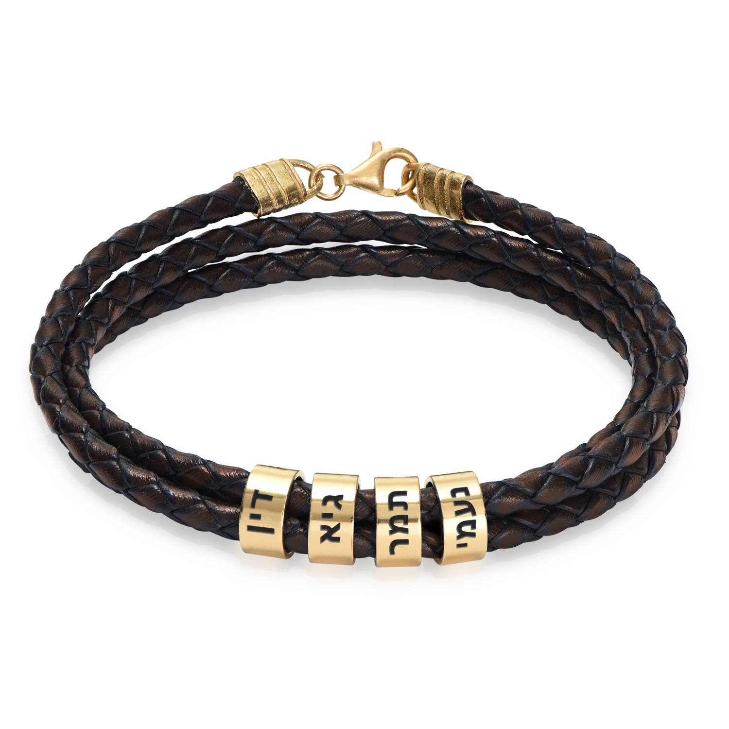 Hebrew Names Brown Leather Men Bracelet with 14K Gold Personalized Beads-2 product photo