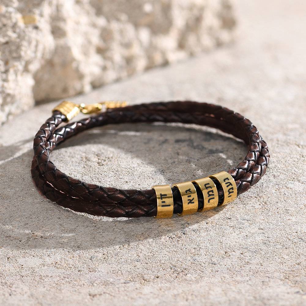 Hebrew Names Brown Leather Men Bracelet with 14K Gold Personalized Beads-3 product photo