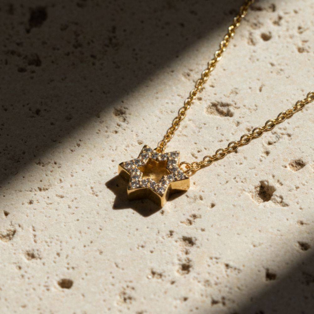 Petite Star of David Pavé Diamond Necklace in 14K Solid Yellow Gold-3 product photo