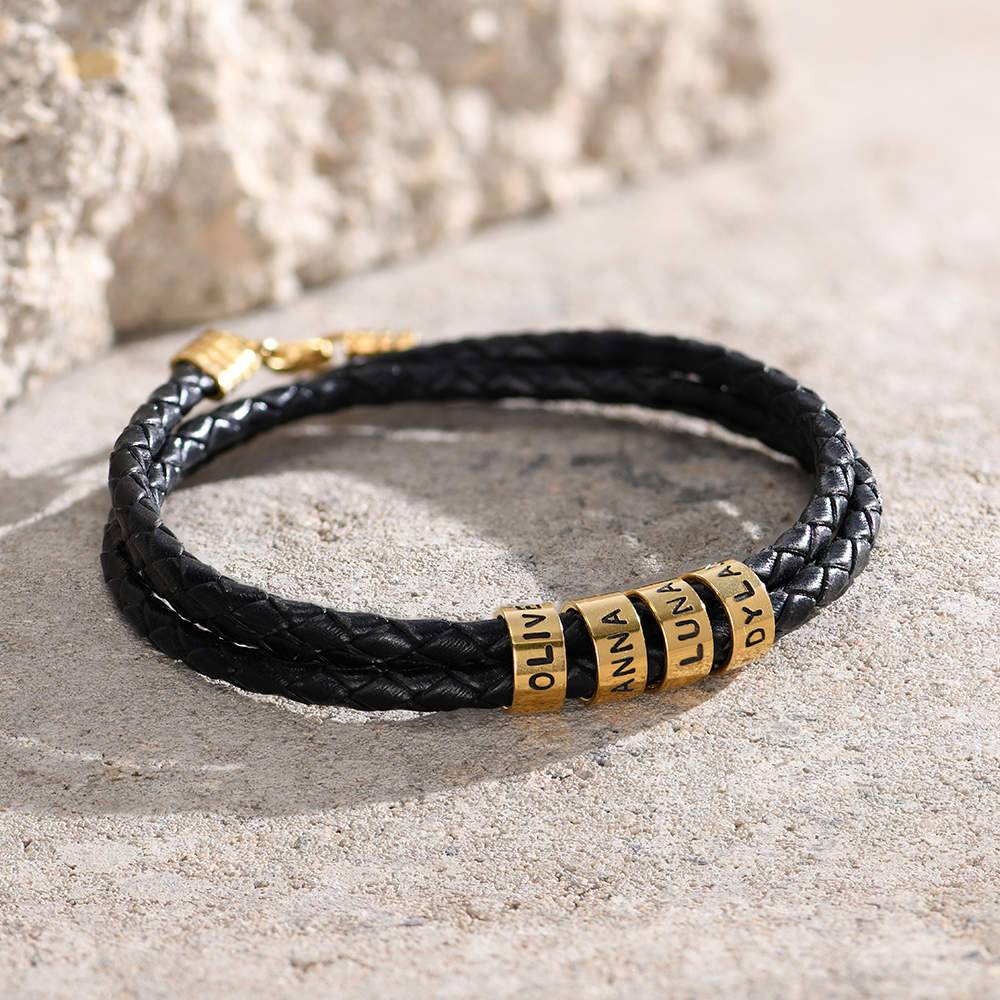 Navigator Braided Leather Bracelet for Men with Custom Beads in 10K Solid Yellow Gold-5 product photo