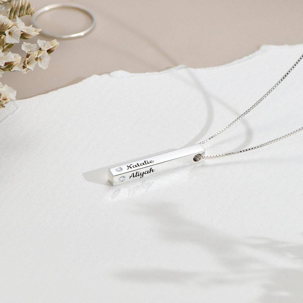 3D Engraved Bar Necklace in Silver with Diamonds-3 product photo