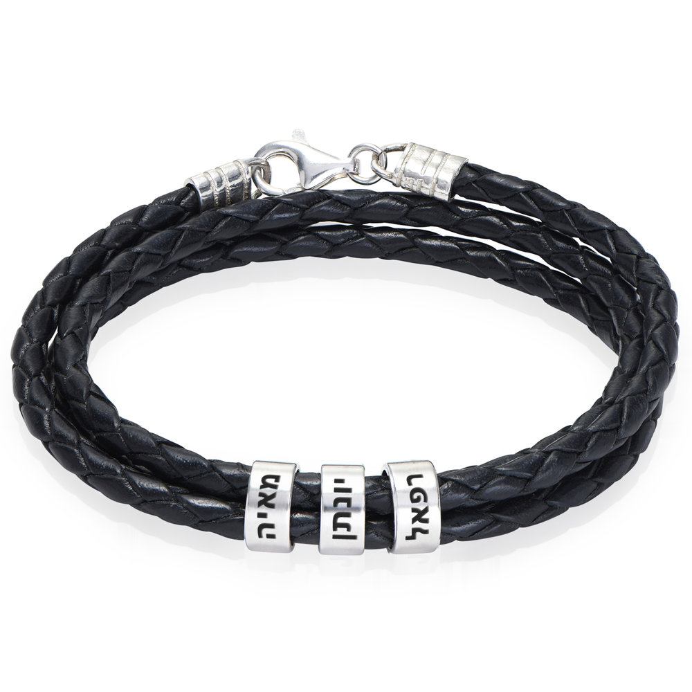 Hebrew Names Black Leather Men Bracelet with Sterling Silver Personalized Beads